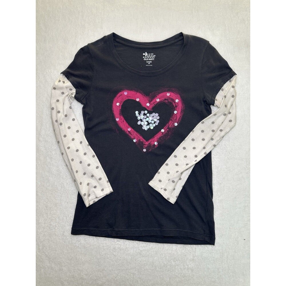 Old Navy Girls Dark Gray Long Sleeve T-Shirt XL Heart Poka Dot Sleeves (8021)